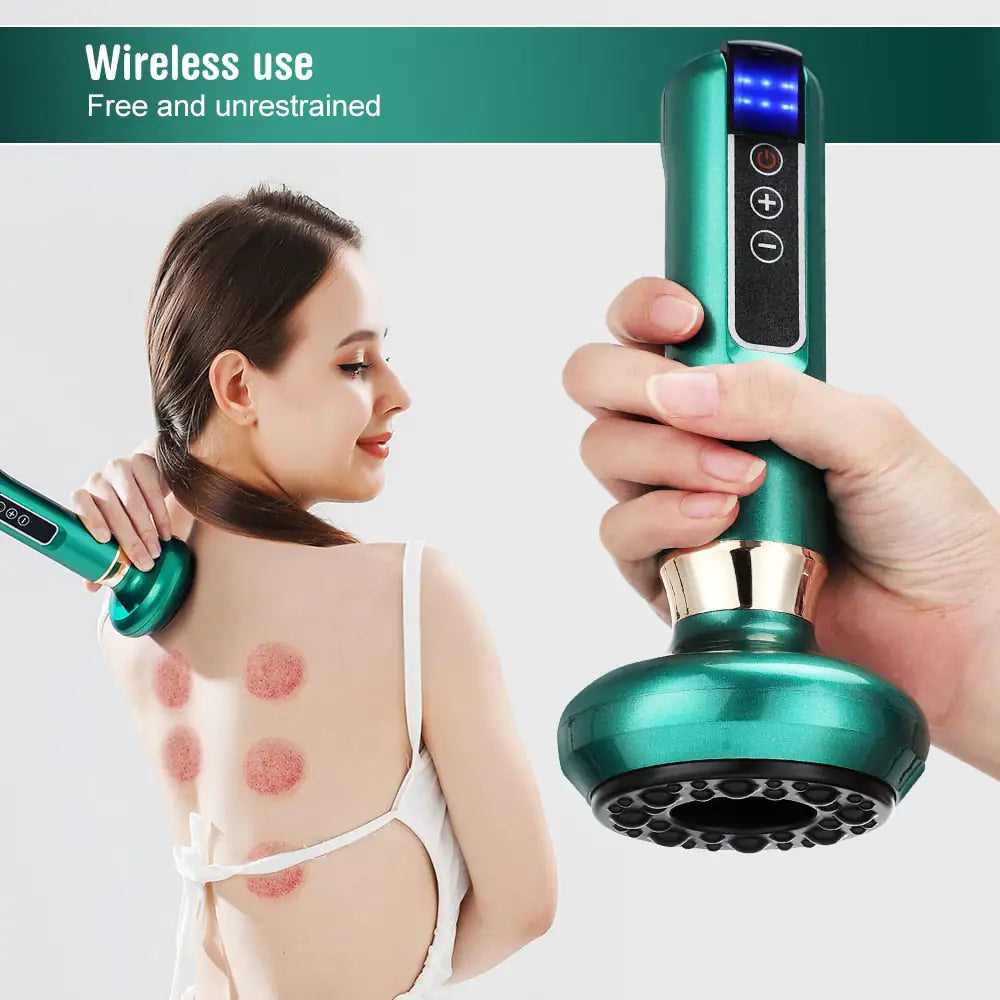 A woman using a green handheld Thermal Body Sculptor device on her back, highlighting the wireless feature and easy-to-use design.